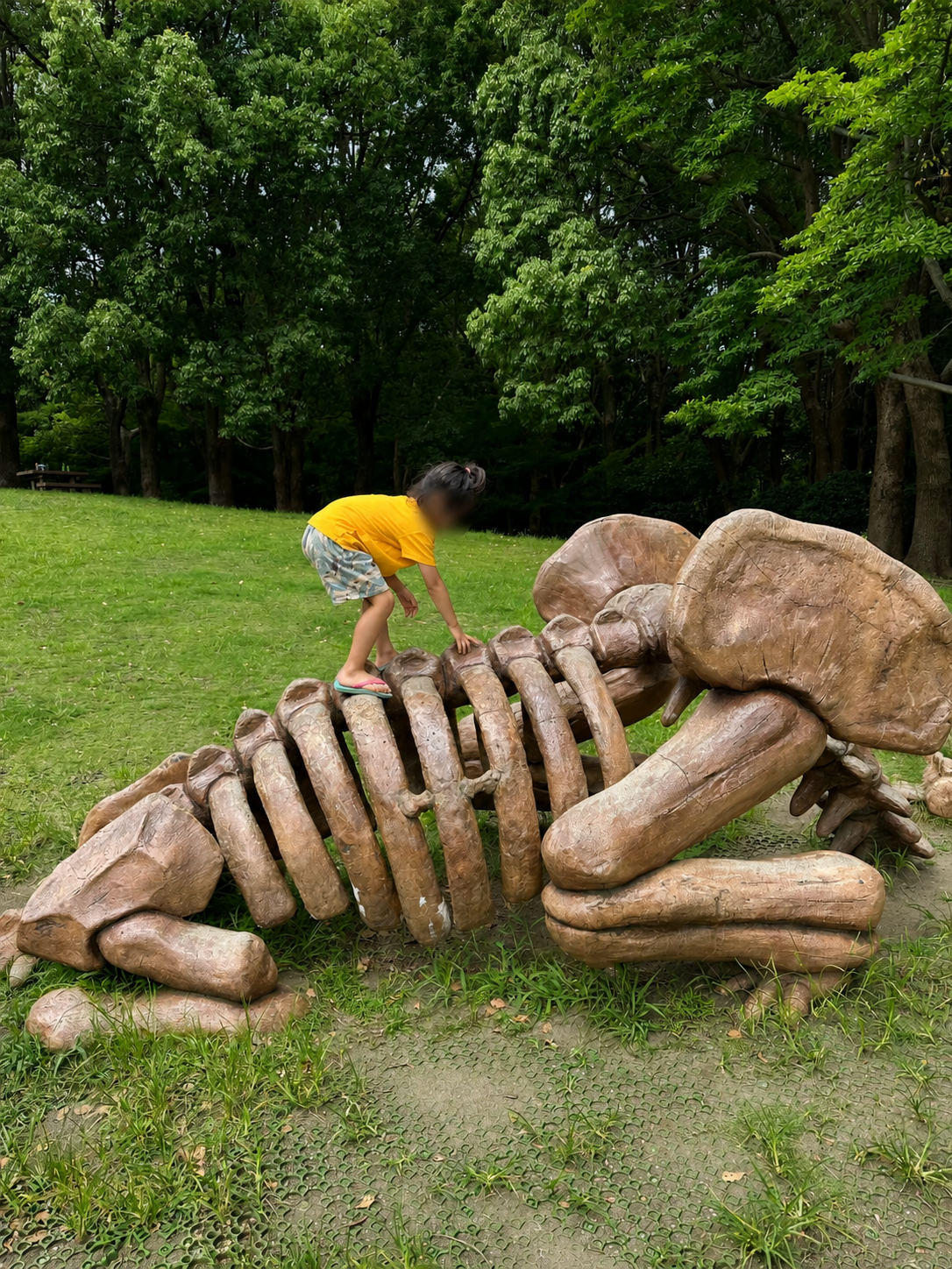 恐竜の骨格遊具で遊ぶ子ども